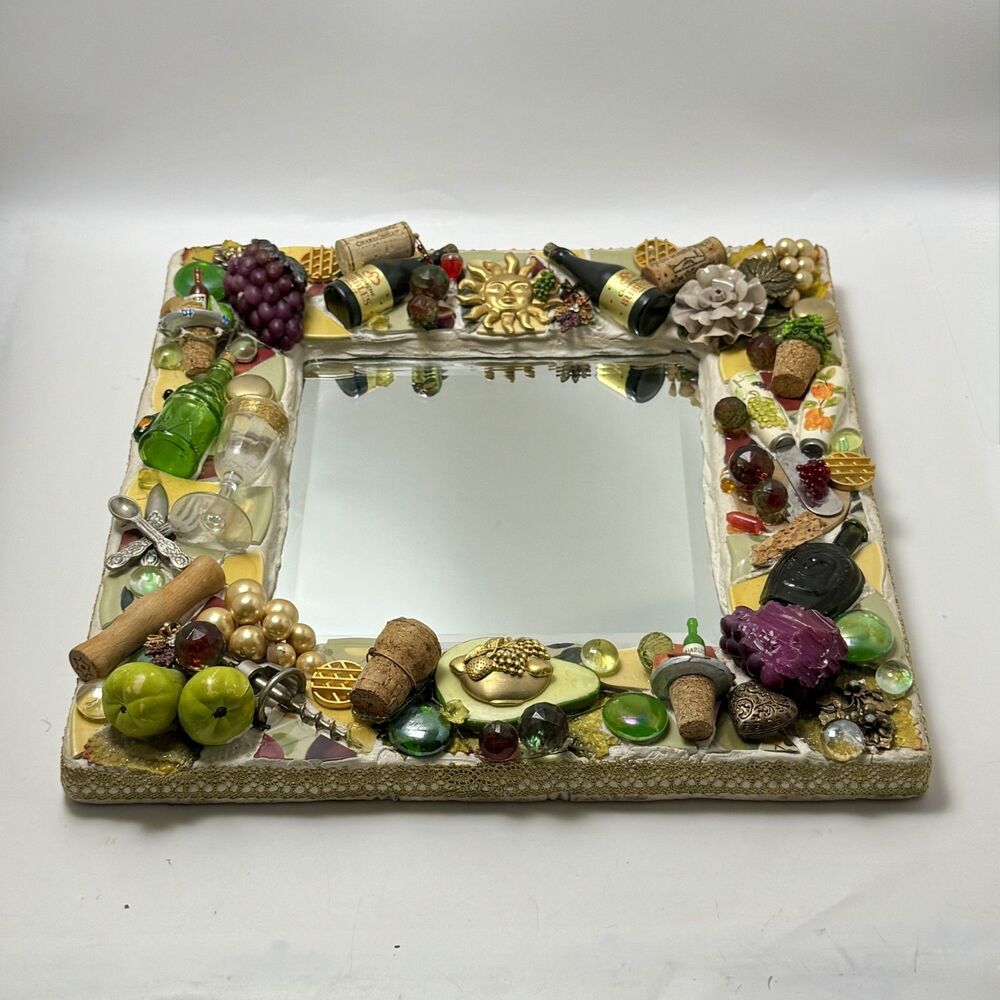 Handcrafted Artisan Bejeweled Assemblage Wall Hanging Mirror 15 by 15 Inches